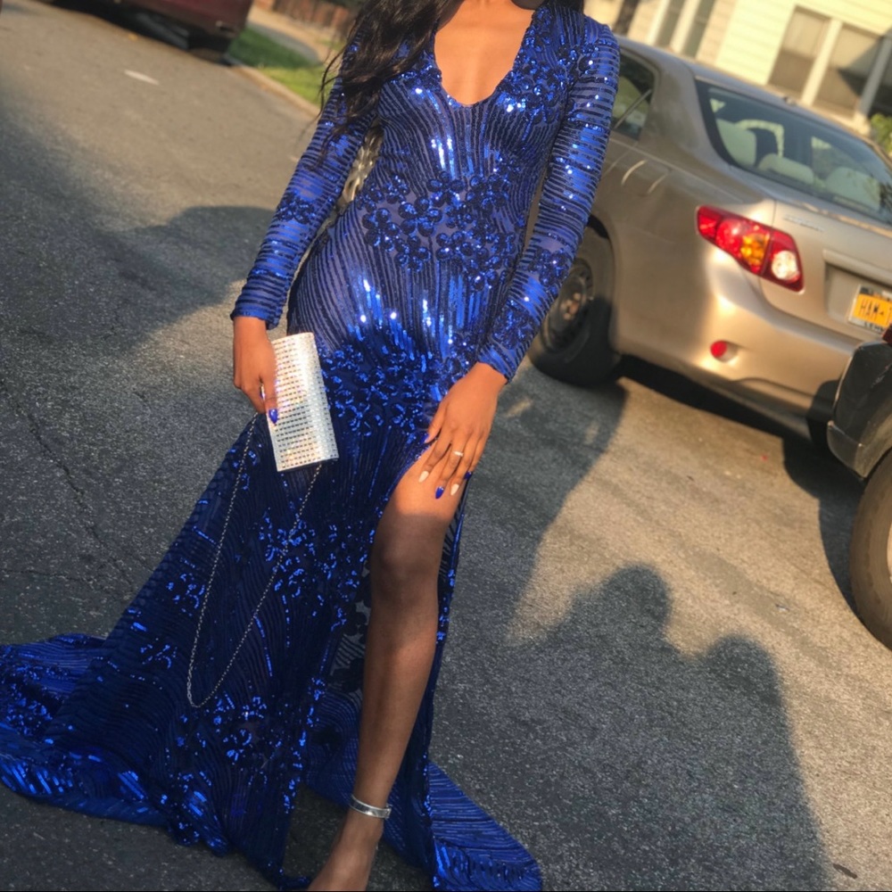 A blue custom Prom Dress